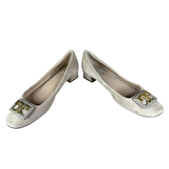 Tory Burch Gigi Suede Logo Block Heel Pumps Beige 6.5 Classic Minimalistic - Picture 6 of 10